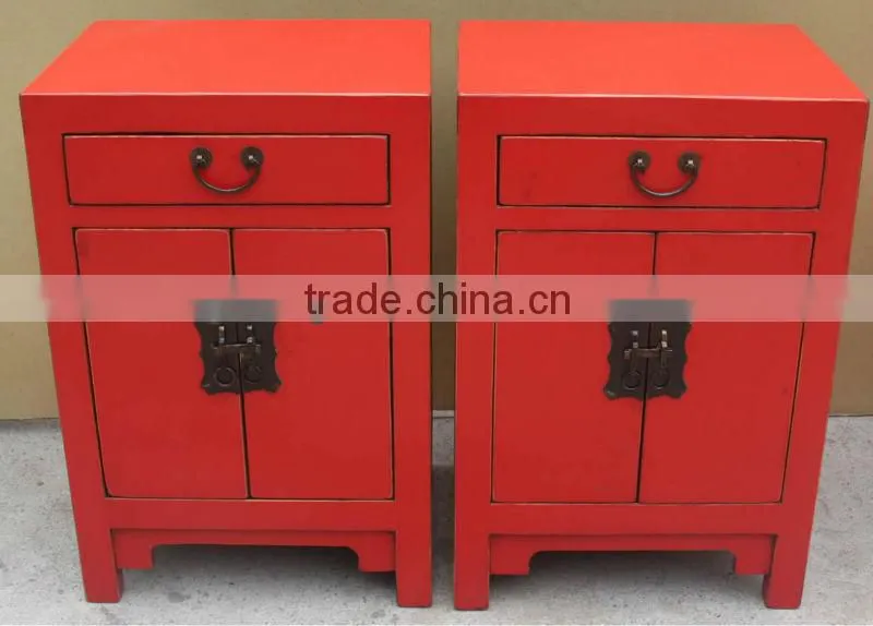 Chinese antique pine wood black bedside cabinet