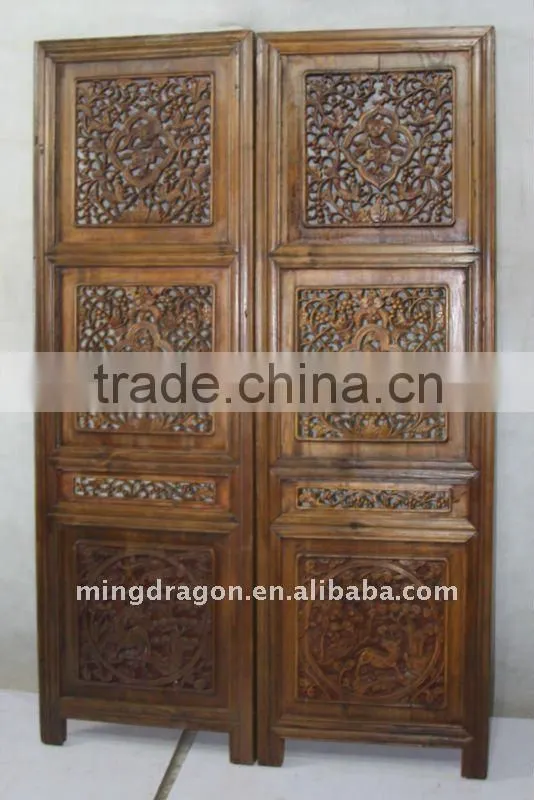Antique Chinese Head Carved Wood Window Pane Blossom Panel Shutter