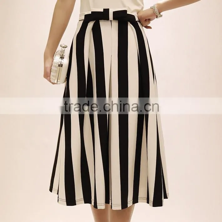2015 Glamorous Black and White Stripes Sash Mid-calf Length Skirt