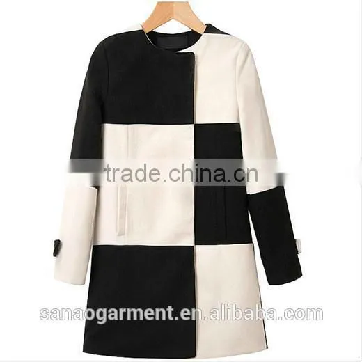 2015 European style women's contrast color grid woolen coat