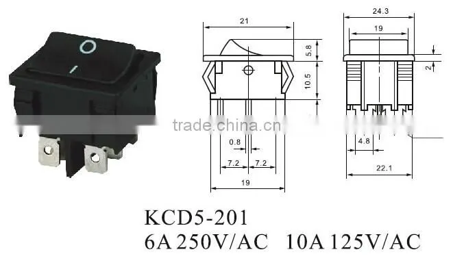 CNGAD 6A 6pins black wide on-off Rocker Switch (waterproof 250V rocker switch,mini boat switch)(KCD5-201)