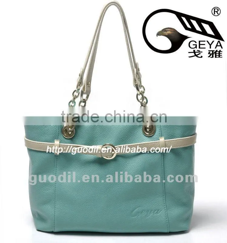 Summer best selling Contrast color block belt tote bags fashion ladies genuine leather handbags 2012