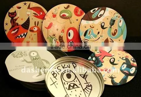 round tin cup coaster with colorful printing