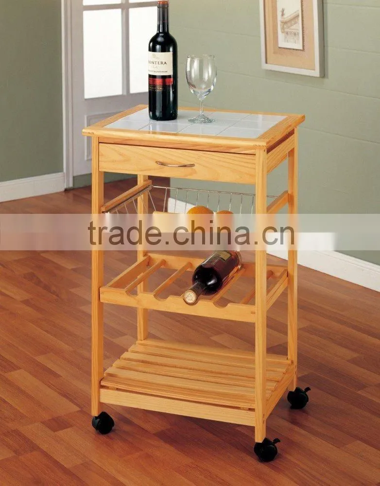 High Quality Bamboo Wheeled Kitchen Trolley with basket Kitchen Storage Cart Kitchen Storage Rack with Drawer