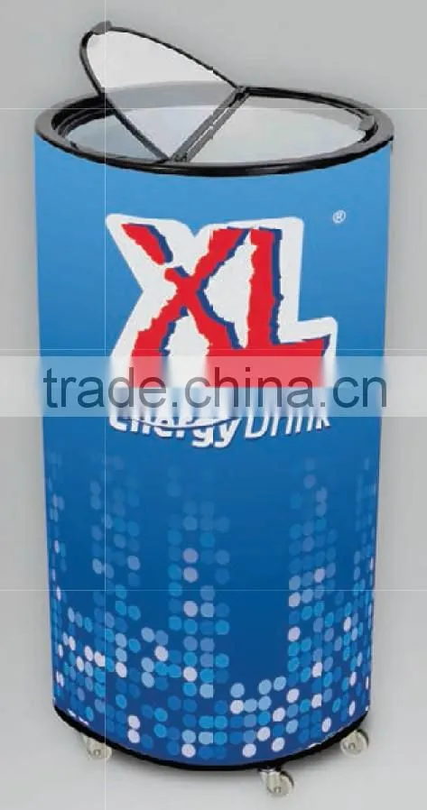 40/65/77/85 Litre Outdoor Promotional Top Open Glass Door Commercial Round Can Shape Cooler Fridge with wheels