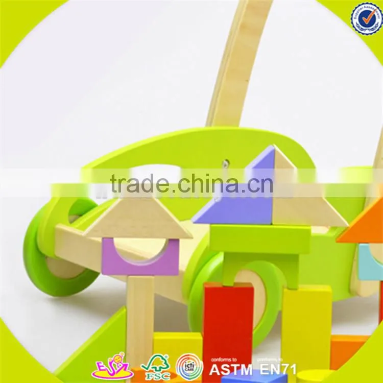 Wholesale top quality wooden baby blocks cart toy colorful wooden baby blocks cart push walker W16E027