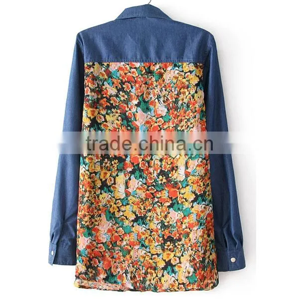 New fashion cotton denim and chiffon print long sleeves high quality garment manufacturer high quality varsity jackets suppli