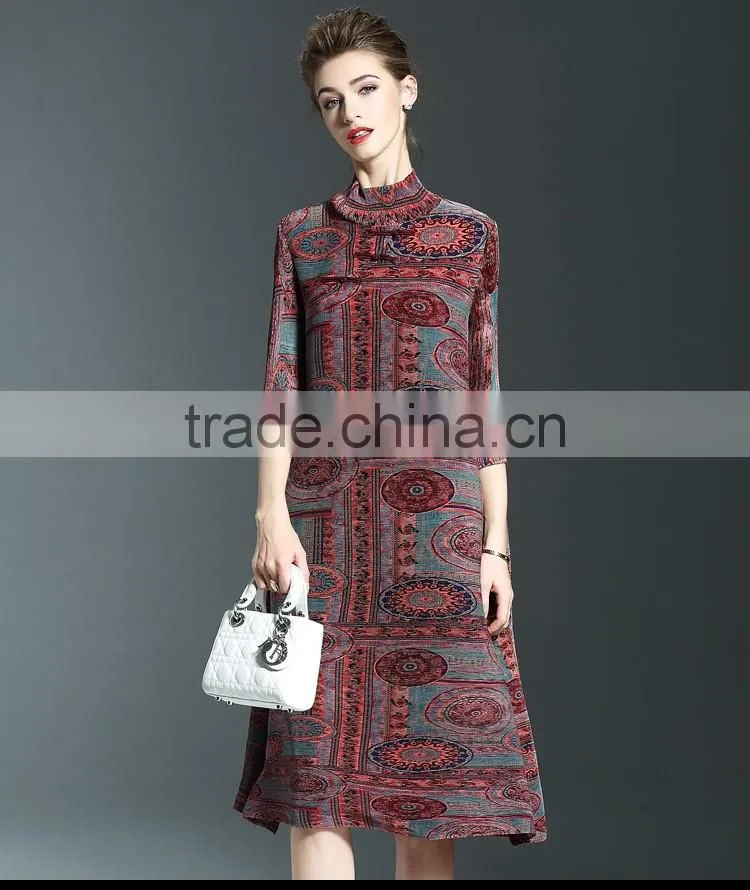 Ancient printing high neck oversize spring dresses for fat lady