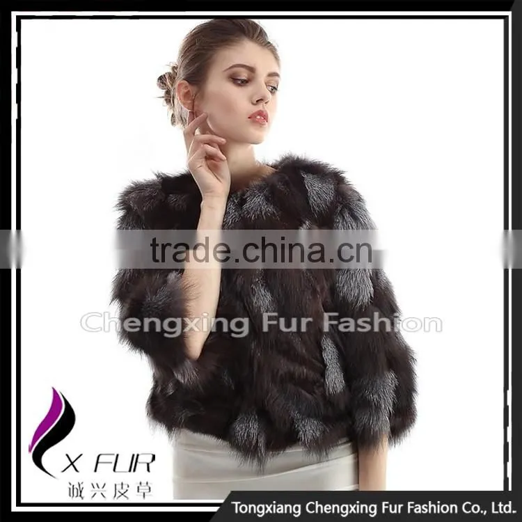 CX-G-A-228 New Fashion Women Patchwork Silver Fox Fur Coat