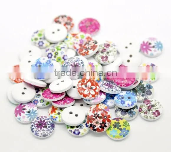 Mixed Multicolor Flower 2 Holes Round Wood Painting Sewing Buttons 15mm(5/8")
