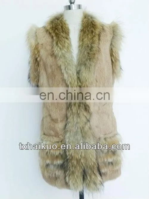 rabbit fur body and raccoon fur trimming sleeveless coats for women