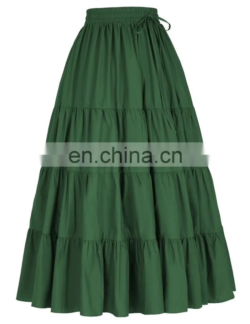 Belle Poque Women's Solid Green Color Wide Hem Cotton Maxi Skirt Long Skirt BP000207-3