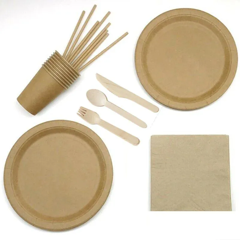 Serves-8-brown-craft-paper-wedding-birthday-disposable-party-tableware-dinnerware-party-supplies-set