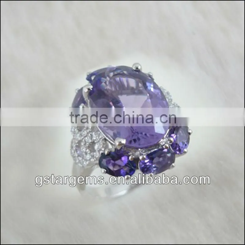925 Sterling Silver Natural Gemstone Amethyst Rhodium Plated CZ Ring