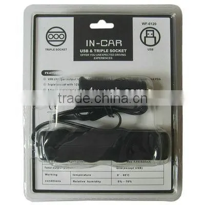 12V / 24V 3 Way Triple Sockets USB Car Cigarette Lighter Socket Splitter Charger