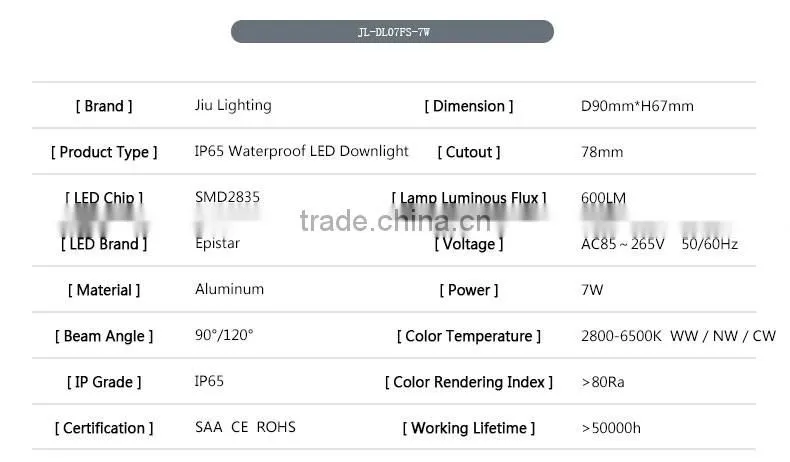 Dongguan LED Light Downlights Black Color Round or Square 78mm Cutout 7W IP65 Waterproof LED Downlight