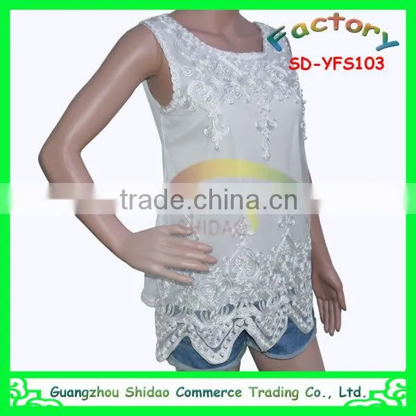 Fashion polyester non woven organza mesh high quality embroidery blouses beads decoration blouse