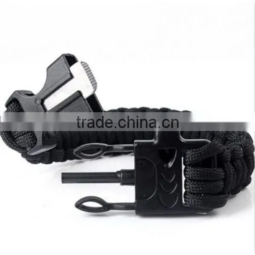 Black Survival Bracelet Outdoor Paracord Flint Fire Starter Scraper Whistle Gear