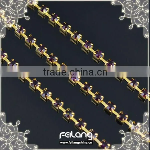 Amethyst clear cup rhinestone chain silver claw,MOQ 50m paypal accepted,wholesale rhinestone chain