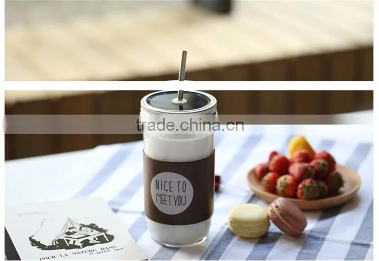 New Fashion Creative Office Glass Coffee Mug With Lid And Straw