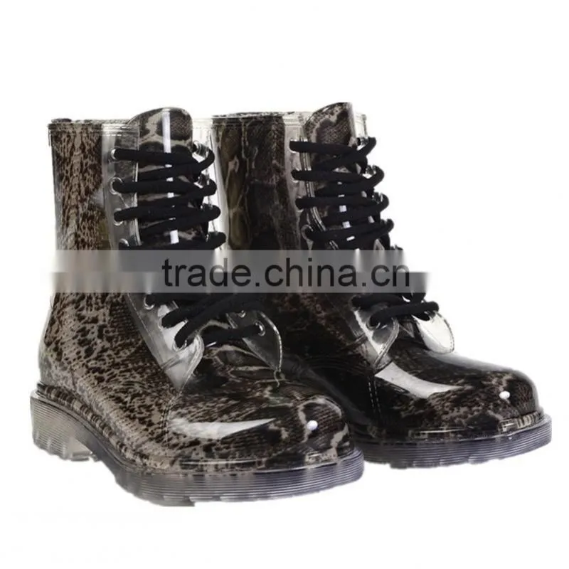 Lace-Up Women's PVC Rain Boots Water Resistant Rain Shoes Snake Skin Printed Waterproof Ladies galoshes