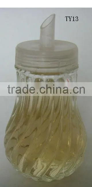 mini clear cylinder glass tomato sause dispenser with plastic lid