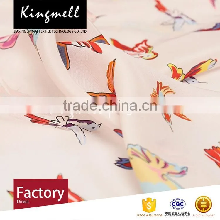 Custom birds cartoon digital printed silk crepe de chine fabric for dress or scarf
