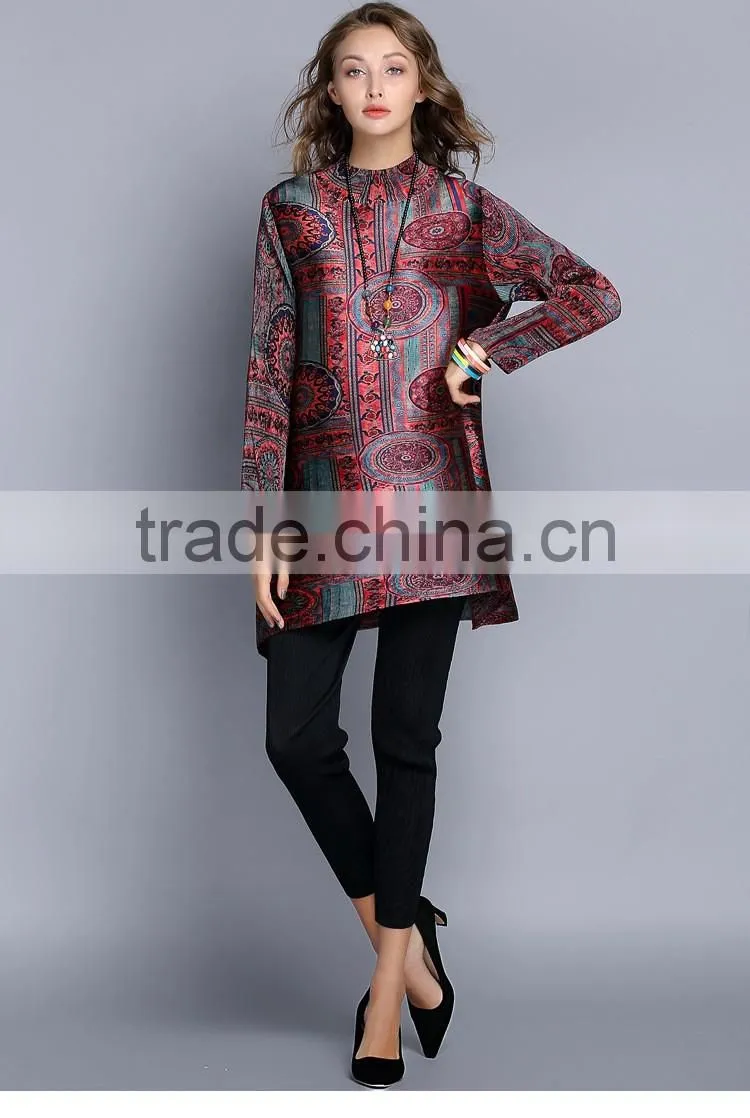 Women drape vintage printed retro style long sleeve dresses
