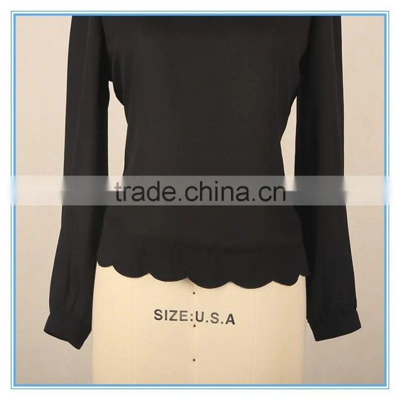New Design Ladies Back Button Design Petals Hem Long Sleeve Blouse