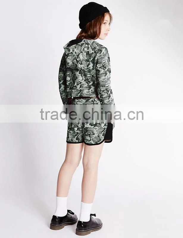 cotton rich Girls' Camouflage Print Hooded top+short kids teenagers pullover hoodie suit (5-16years)