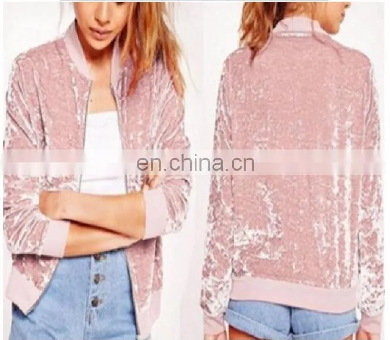 2017 hotsale women's latest fashion zipper collar silk velvet bomber jacket