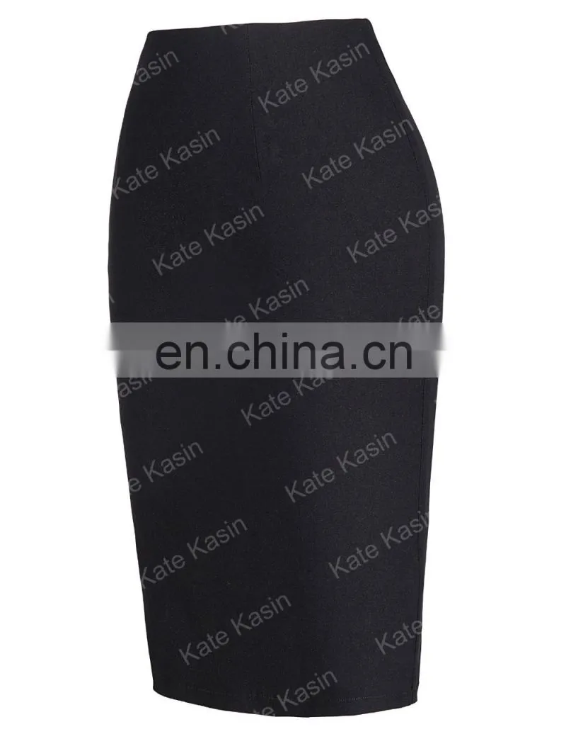 Kate Kasin Occident Women's Black High Stretchy Hips-Wrapped Split Short Pencil Skirt 20" KK000273-1