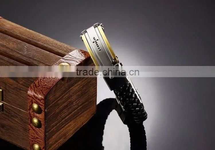 2016 Trendy Genuine Leather Bracelets 316L Stainless Steel Man Bracelet Paypal Accept