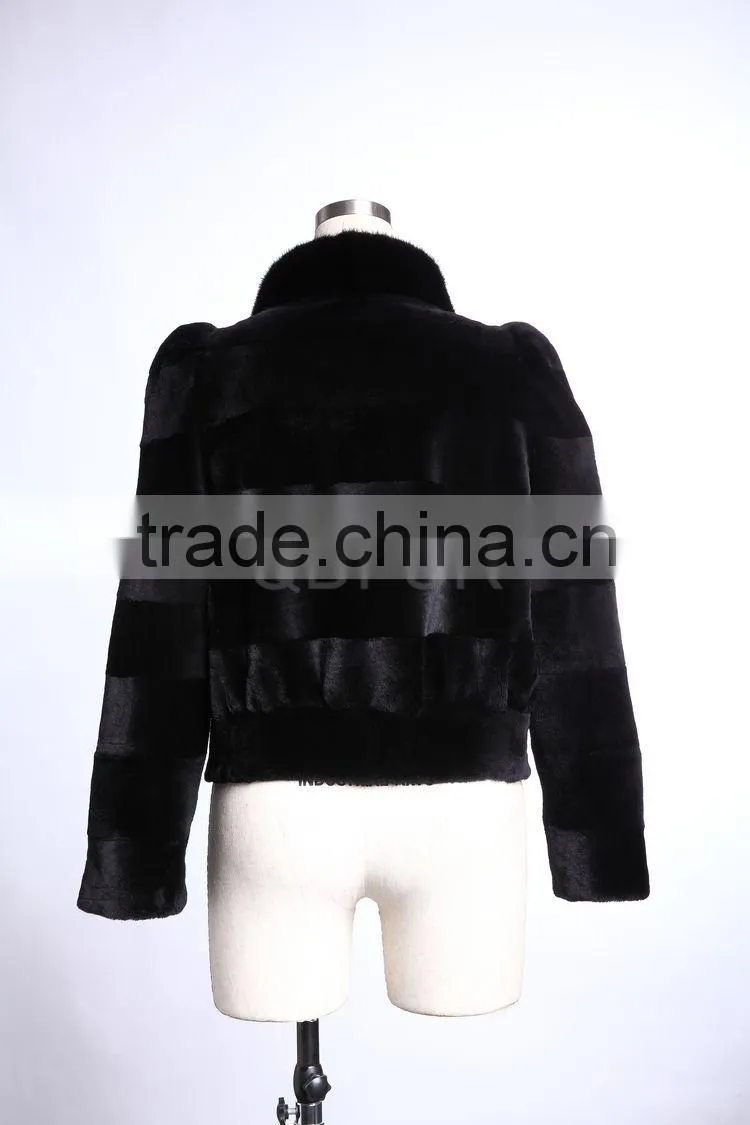 QD29226 Outerwear Wholesale/retail Short Style Real Piece Rex Rabbit Fur Women Jacket with Mink Fur Collar