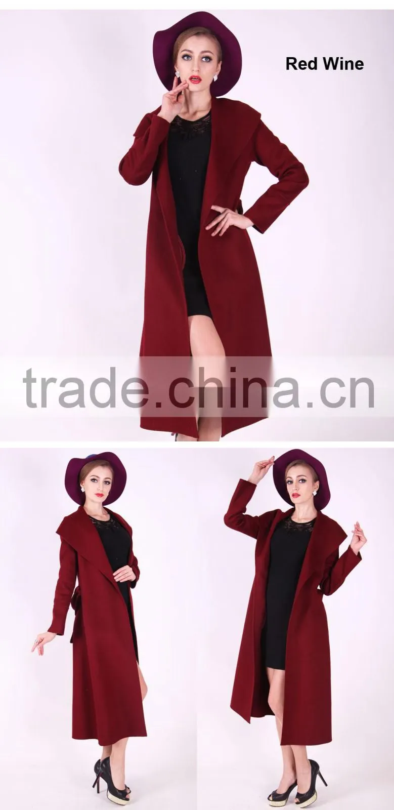 2016 New Design Spring Women Slim Fit Long Wool Coat With Belt