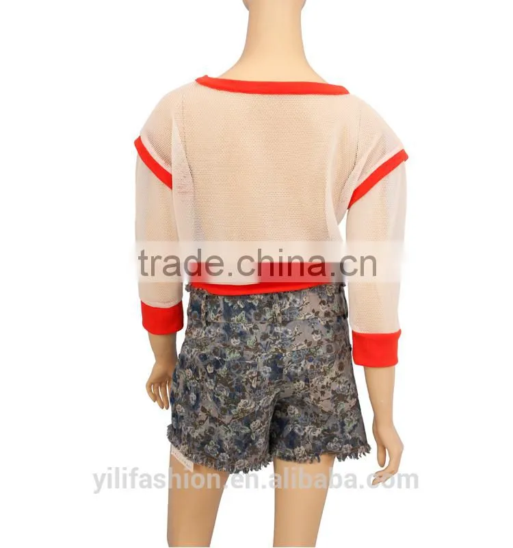 latest designer lady transparent blouse printed mesh tops for woman