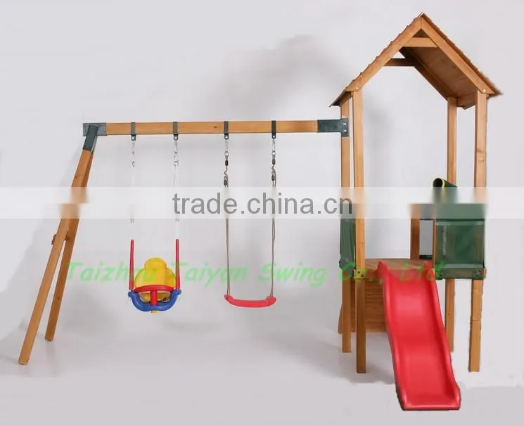 2014 new outdoor wooden house swing set C with Slide