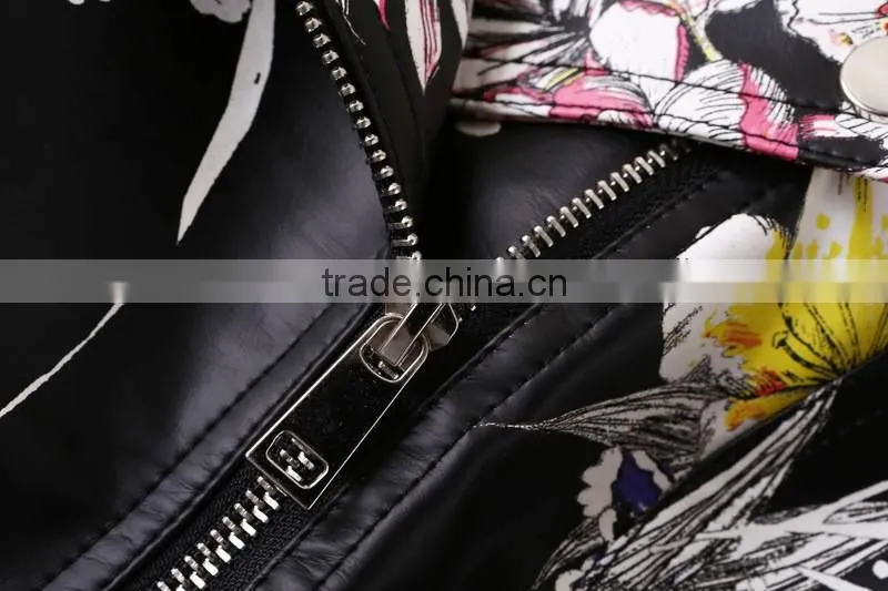wholesale clothing floral print PU motor jacket