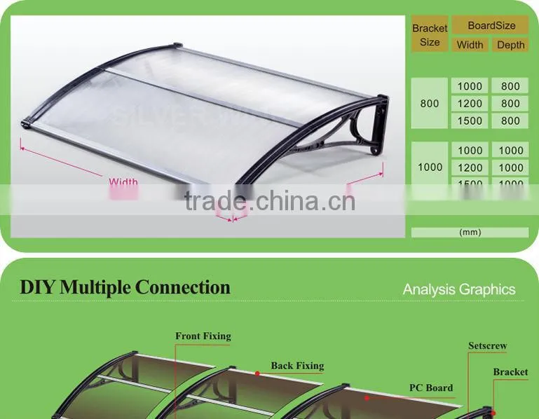 Economic Outdoor DIY polycarbonate transparent canopy can be with mid-fixing bar used color gift box