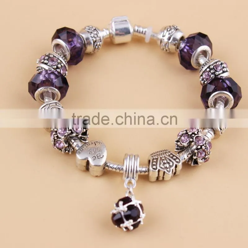 2015 popular wholesale bracelet china charm silver plated glass handmade bead bracelet