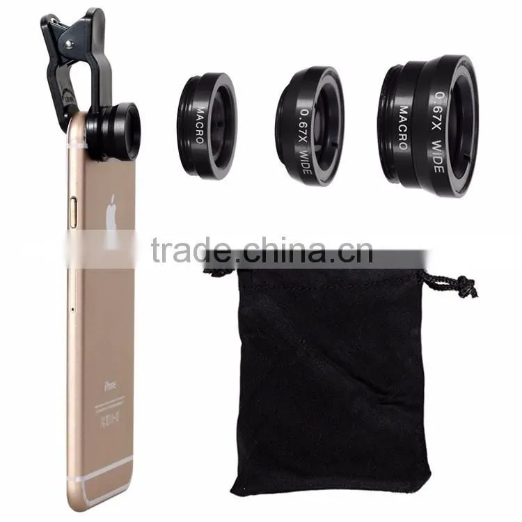 Universal Clip Detachable 3 in 1 Fish Eye Lens Wide Angle Macro Optical Lens Cell Phone Camera Lens