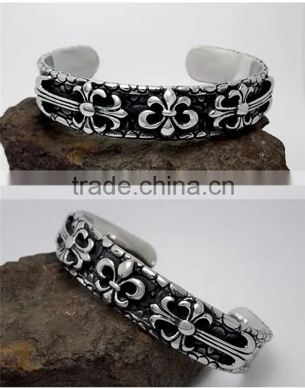 C shape antique silver vintage punk engraved stainless steel bangles