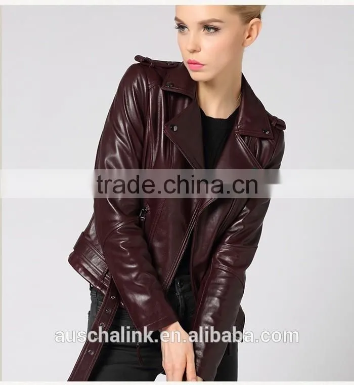 newest german style lady pure lambskin trendy red wine leather jacket