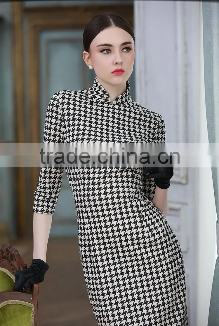 Fashion Design Ladies Houndstooth Dress Slim Fit Stand Collar Bodycon Dress