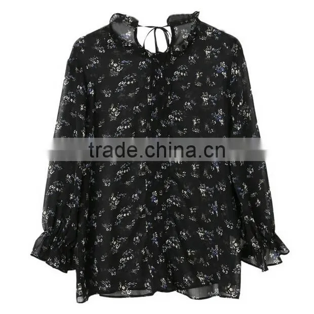 2017 Fashion Womens Puff Sleeve Chiffon Printed Blouse Designs Ladies Fashion Elegant Shirts Blouse