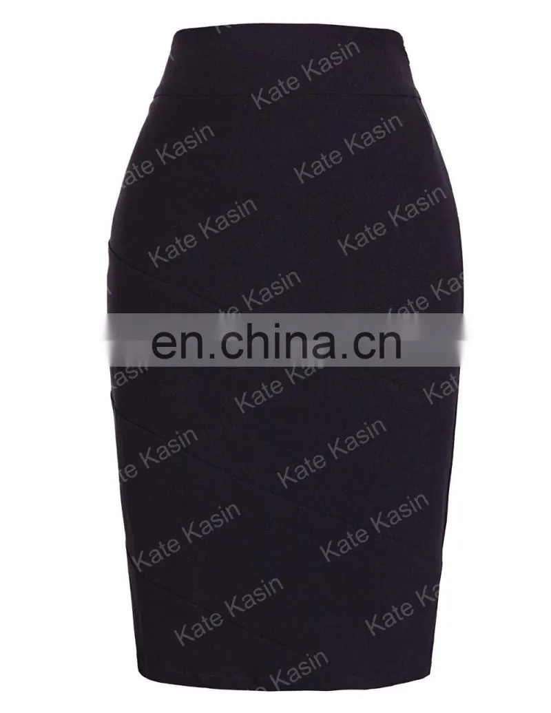 Kate Kasin Occident Women's OL High Stretchy Hips-Wrapped Black Pencil Skirt KK000269-1