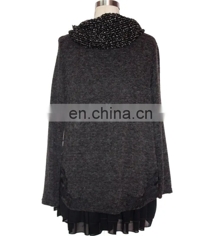 women tunic pure color pleated shirt with embroidery high neck winter causal tunic tops
