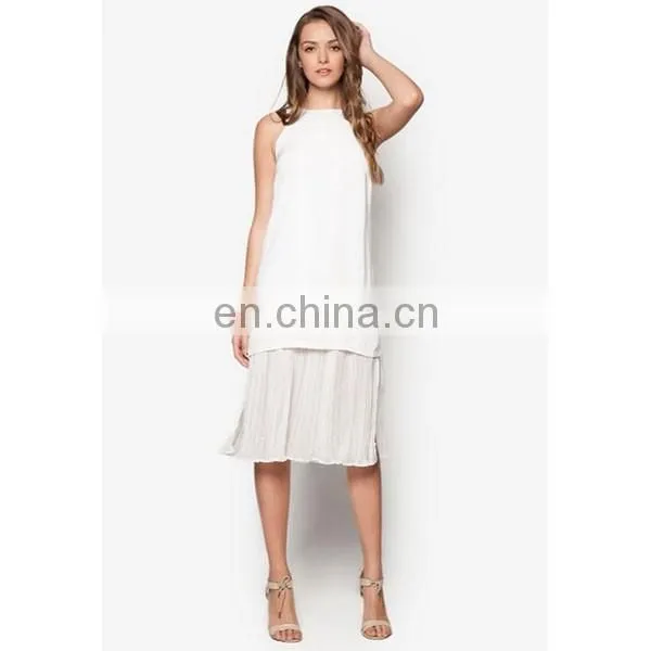 Fashion ladies clothes latest design pleat hem sleeveless white women dress