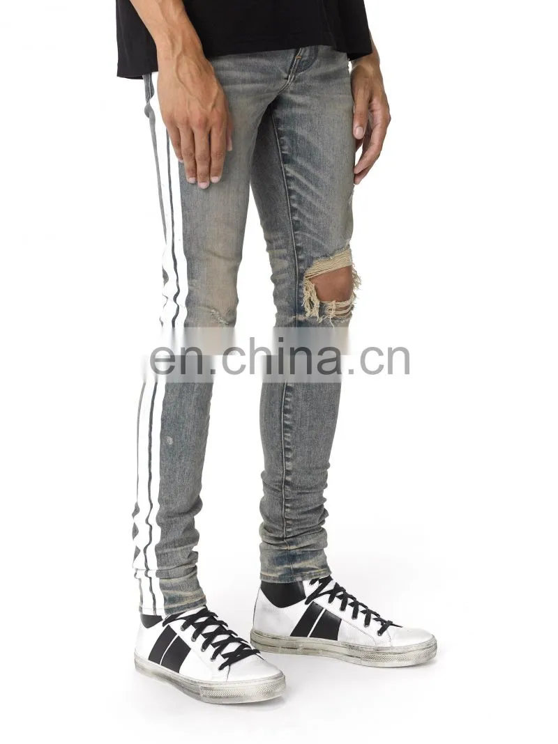 DiZNEW Dirty Indigo White Side Broken Track Ripped Denim Jeans Men