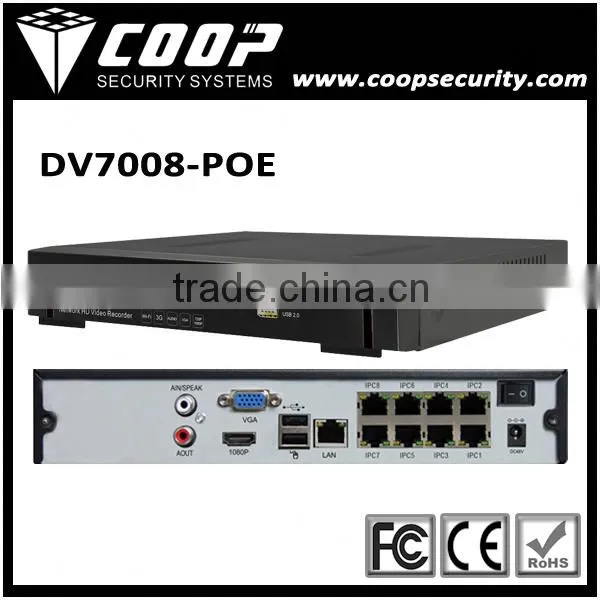 Free CMS P2P 8 POE Ports 3G WiFi 3MP 5MP POE NVR Network Onvif 8CH 1080P NVR